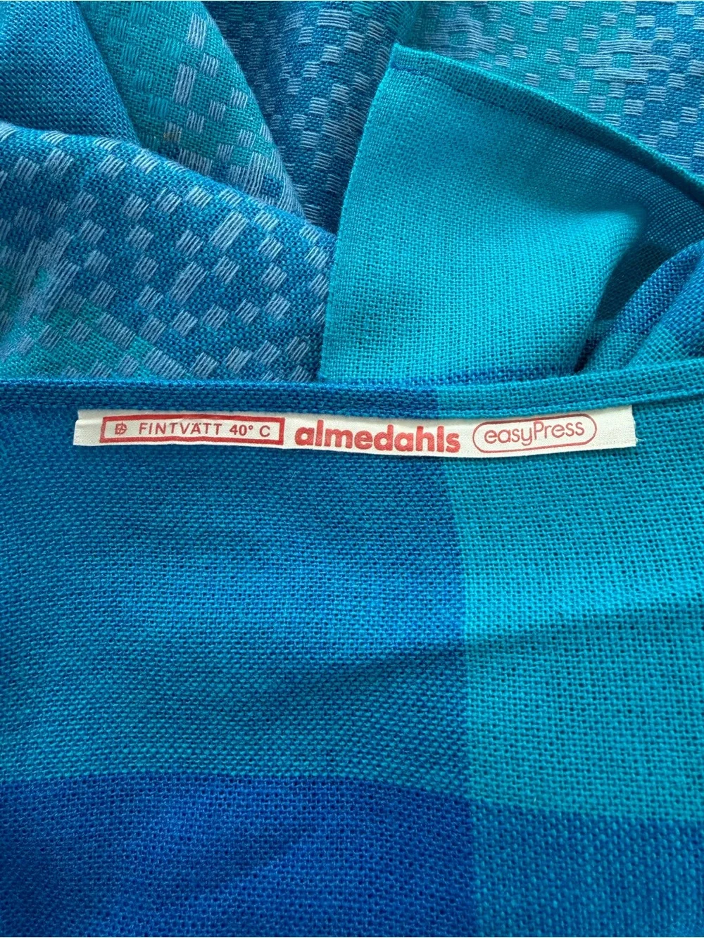 Vintage 1970s Almedahls Swedish Blue Plaid Jacquard Tablecloth 72x51